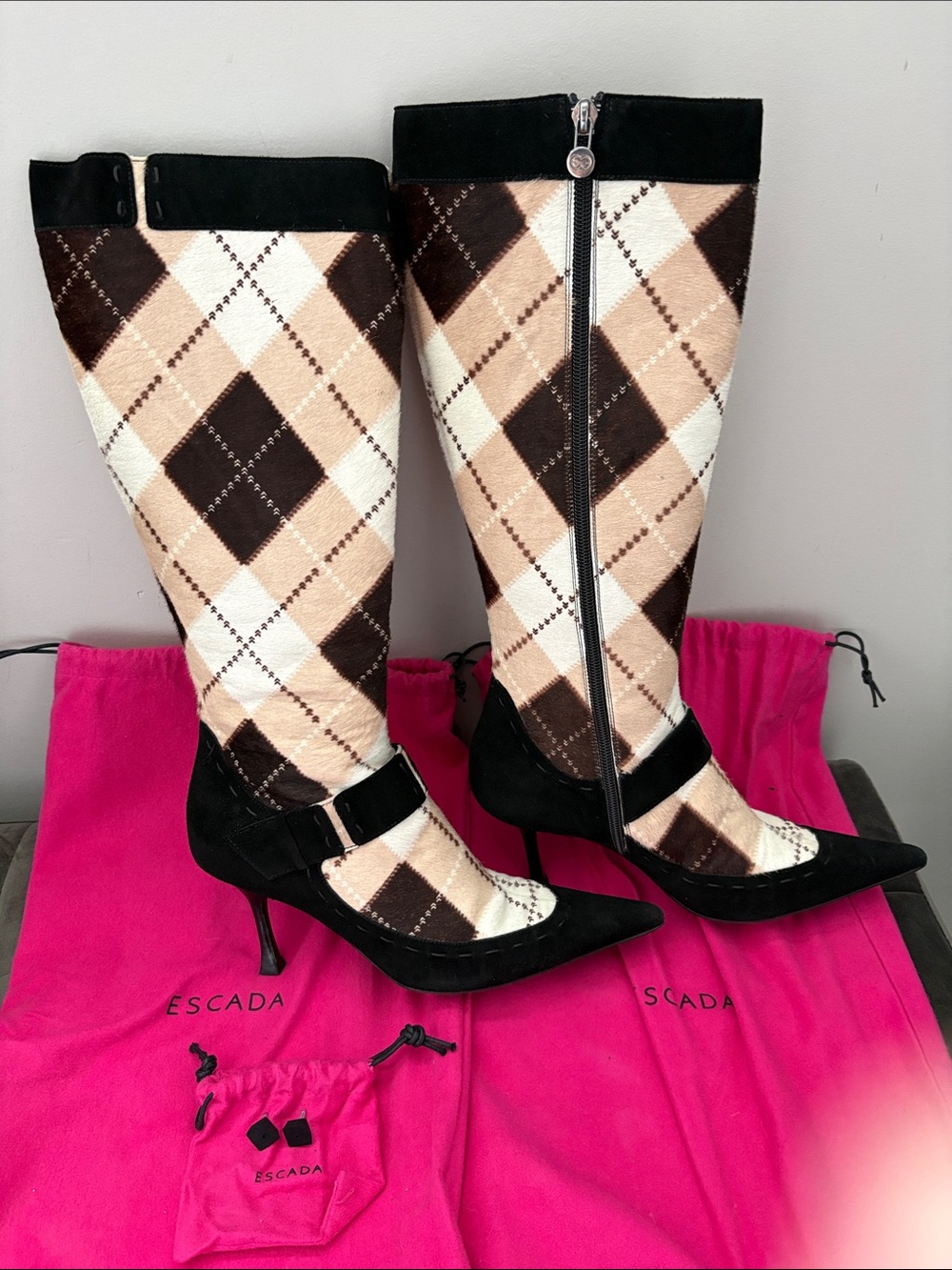 Escada Dark Brown, Beige & Cream Argyle Ponyhair and Suede Knee-High Boots
